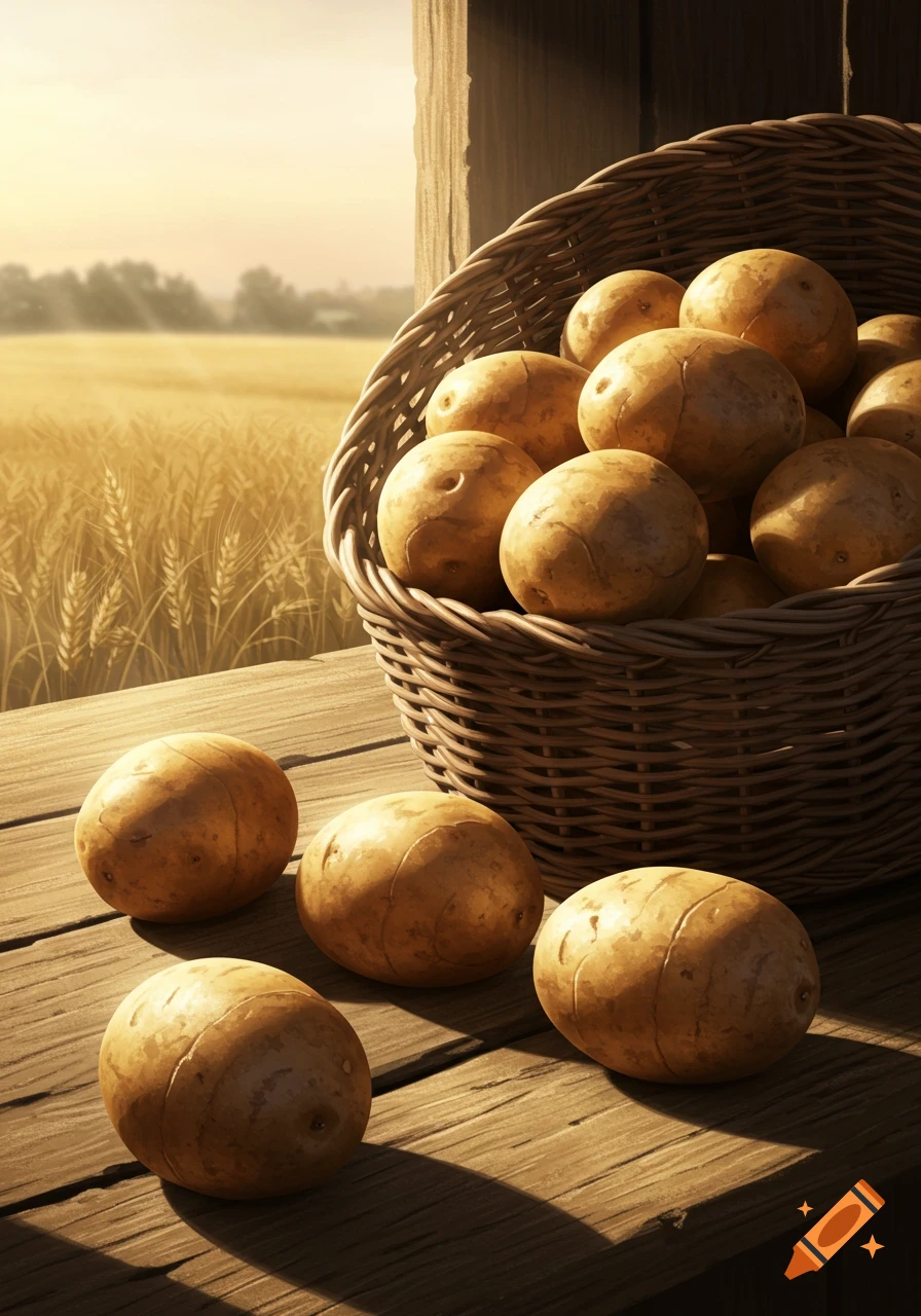 A rustic wooden table holds a basket full of potatoes, with several more scattered around it, against a golden field background.