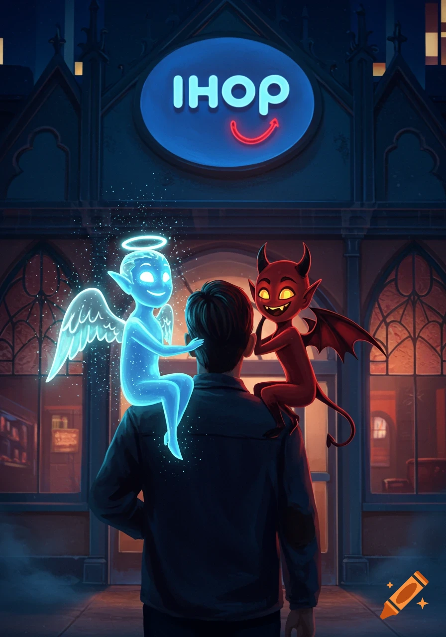 Man viewed from behind with a glowing blue angel and a red devil on his shoulders, looking at a neon IHOP sign at night in an illustrative style.