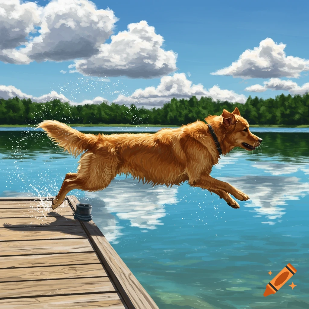 A golden-brown dog leaps off a wooden dock into a blue lake under a bright sky with fluffy clouds and green trees.