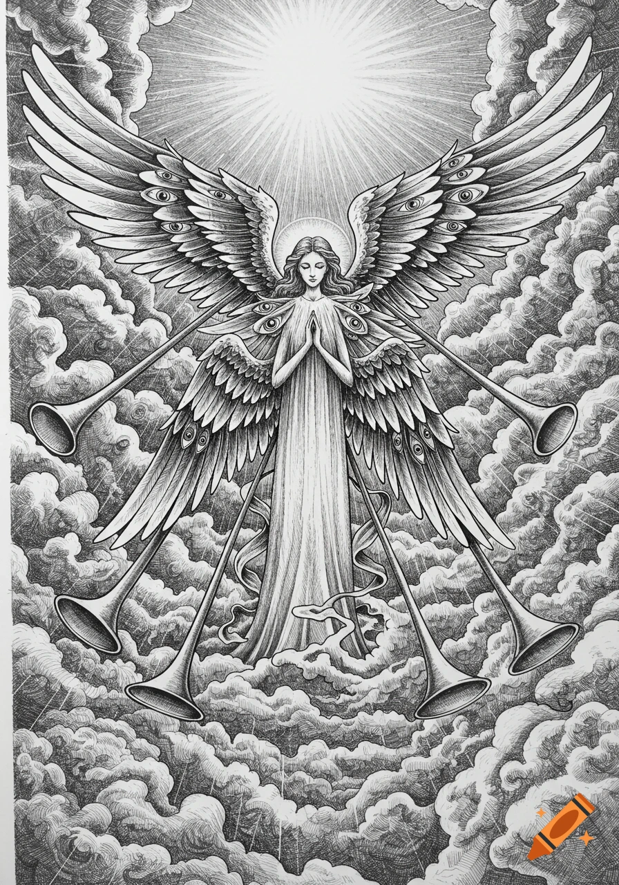 A monochrome sketchbook drawing of a multi-eyed biblical angel with trumpets amidst clouds.