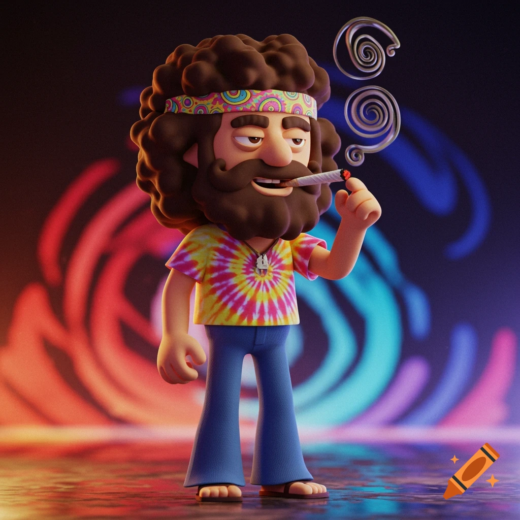 A stylized 3D cartoon man with a beard and tie-dye shirt, wearing a headband and smoking a joint, against a vibrant, abstract background.
