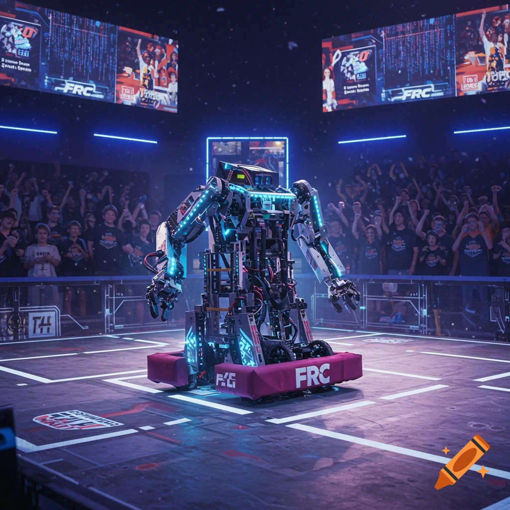 A large, detailed robotic competition machine stands in a futuristic arena with neon blue lights and cheering spectators. 'FRC' is visible on its base.