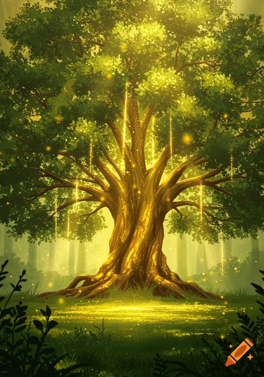 A majestic, glowing golden tree with radiant light beams and fireflies in a mystical forest.