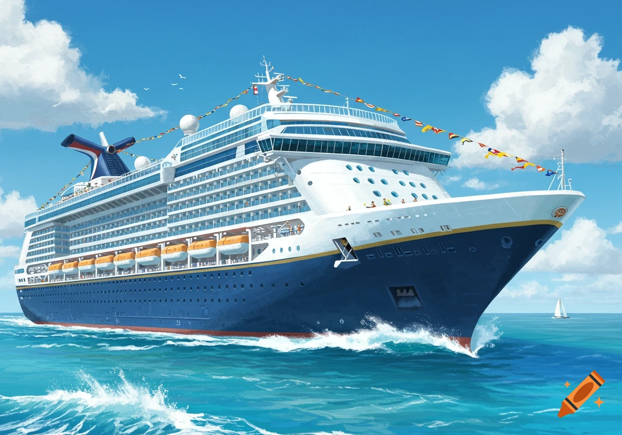 A colorful illustration of a large blue and white cruise ship sailing on a blue ocean under a partly cloudy sky, with a small sailboat in the distance.
