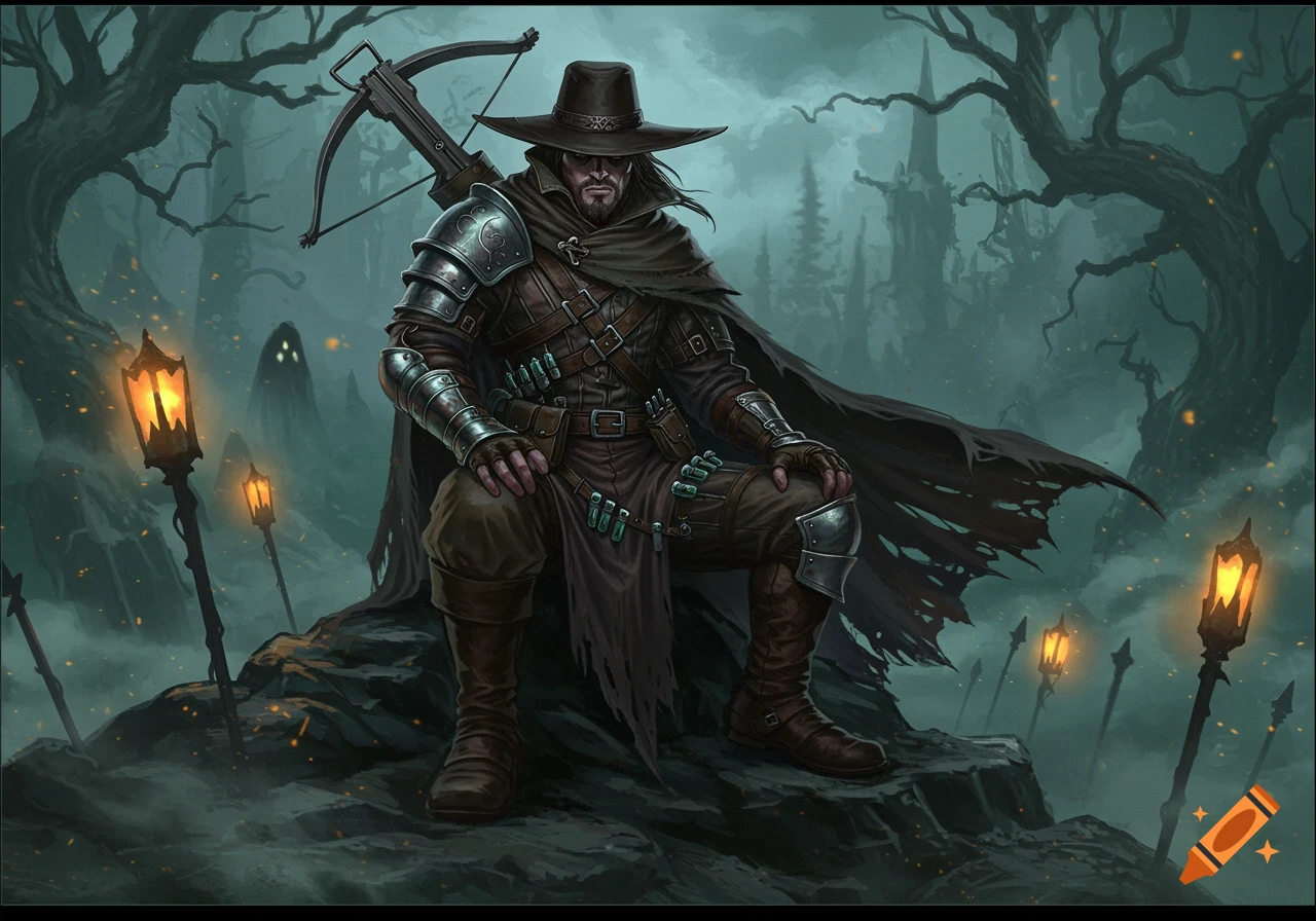 A dark fantasy illustration of a witch hunter in a hat and armor, sitting in a misty forest with glowing lanterns.