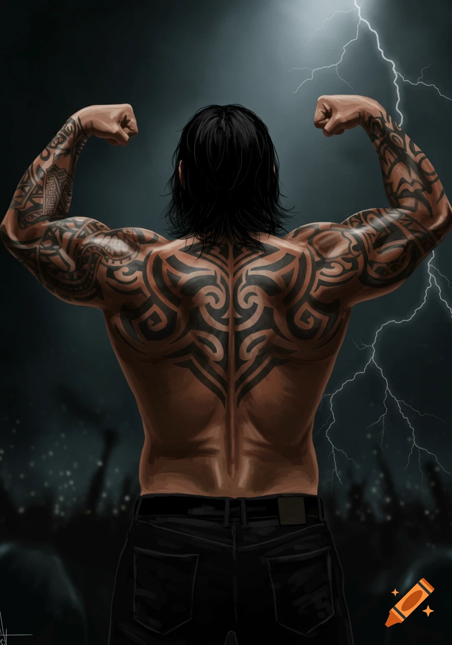 An illustration of a muscular man with black hair, back to viewer, flexing his heavily tattooed arms and back under a dramatic lightning sky.