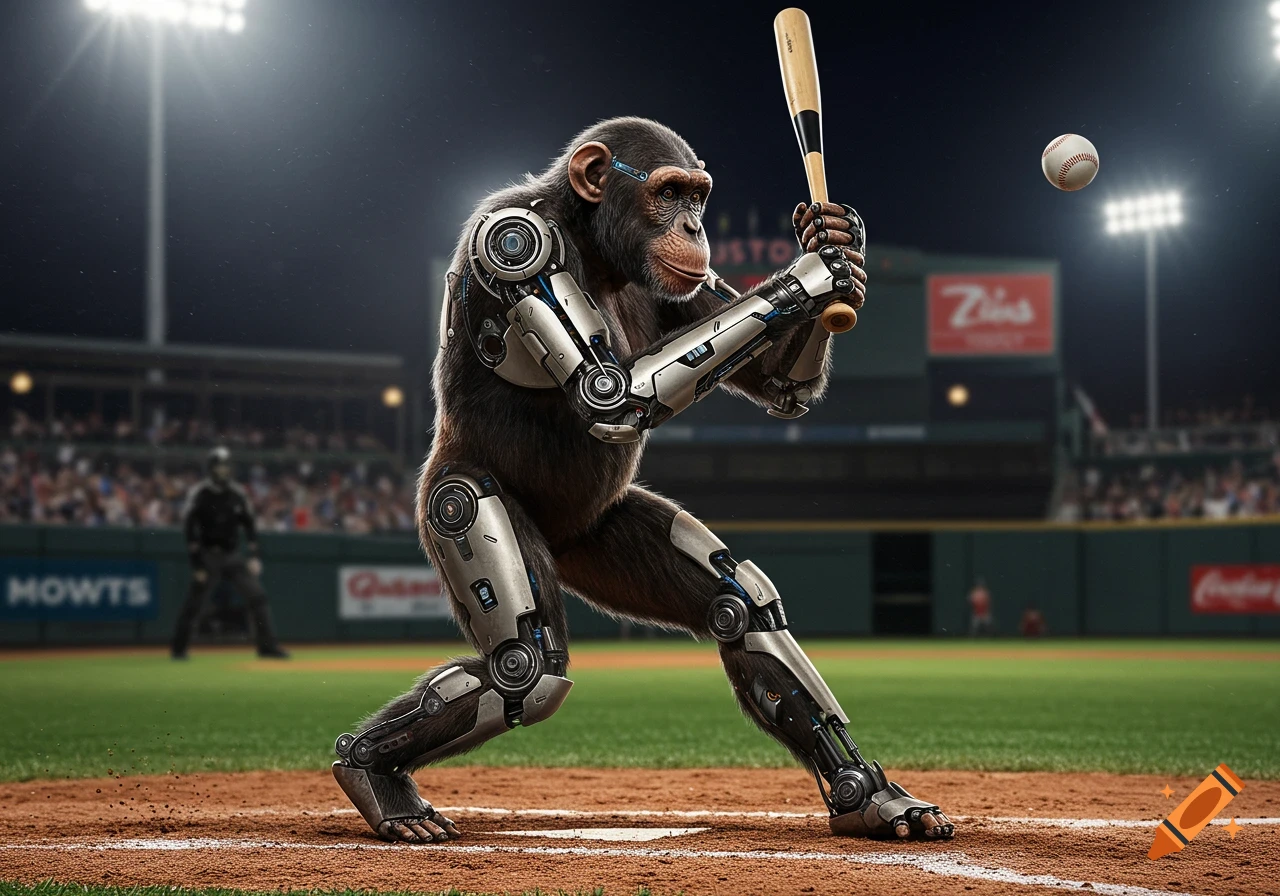 A photorealistic robotic chimpanzee in a baseball uniform swings a bat at a baseball in a brightly lit stadium at night.