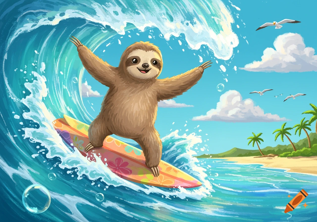 A happy cartoon sloth on a colorful surfboard rides a large blue ocean wave under a sunny sky with palm trees and seagulls.