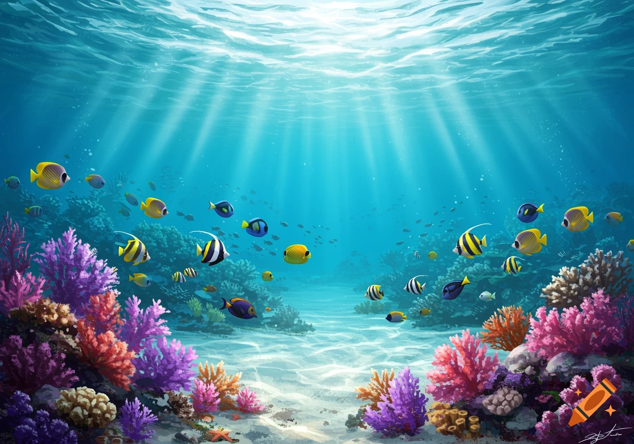 Tropical fish swim among colorful coral reefs in clear blue underwater with sunlight rays.