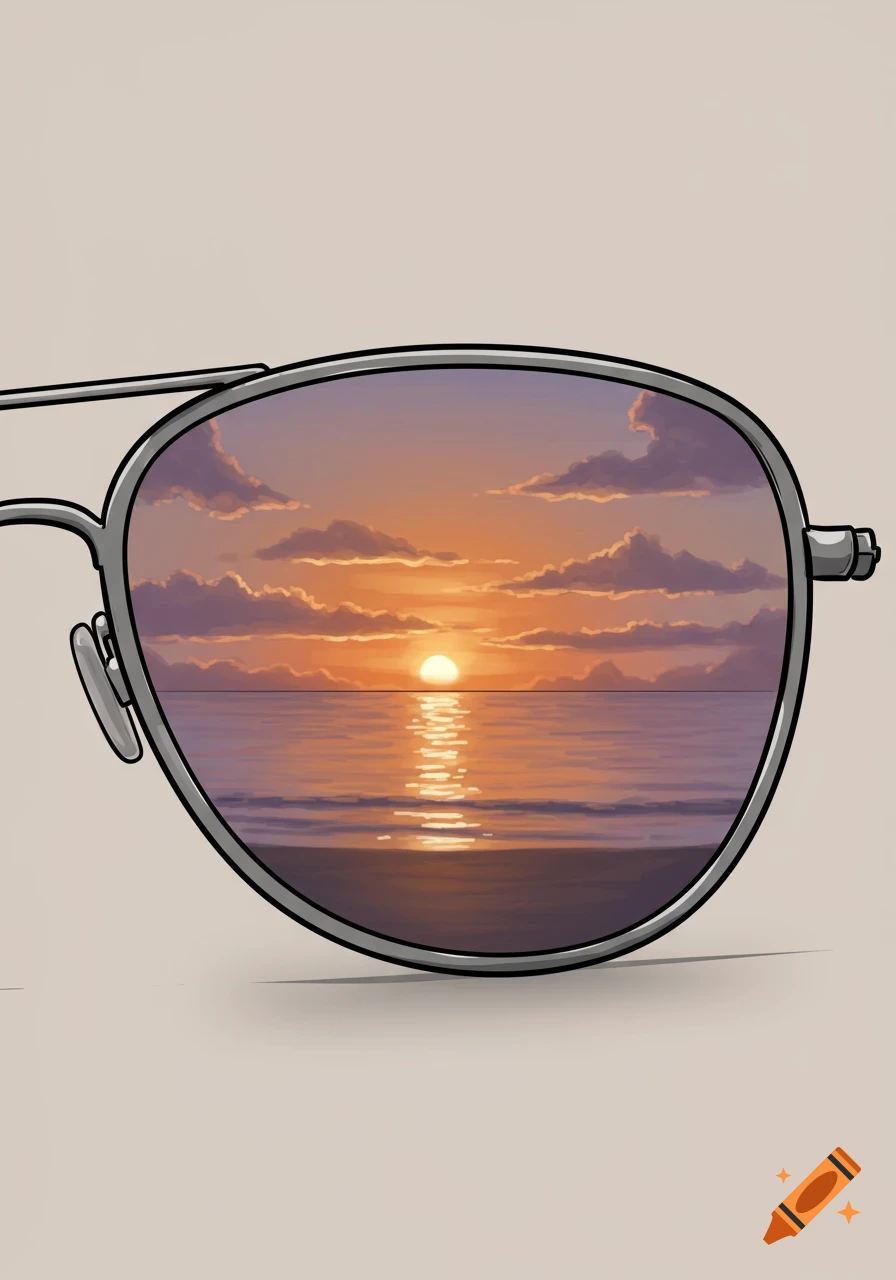 Illustration of sunglasses reflecting a vibrant sunset over the ocean.