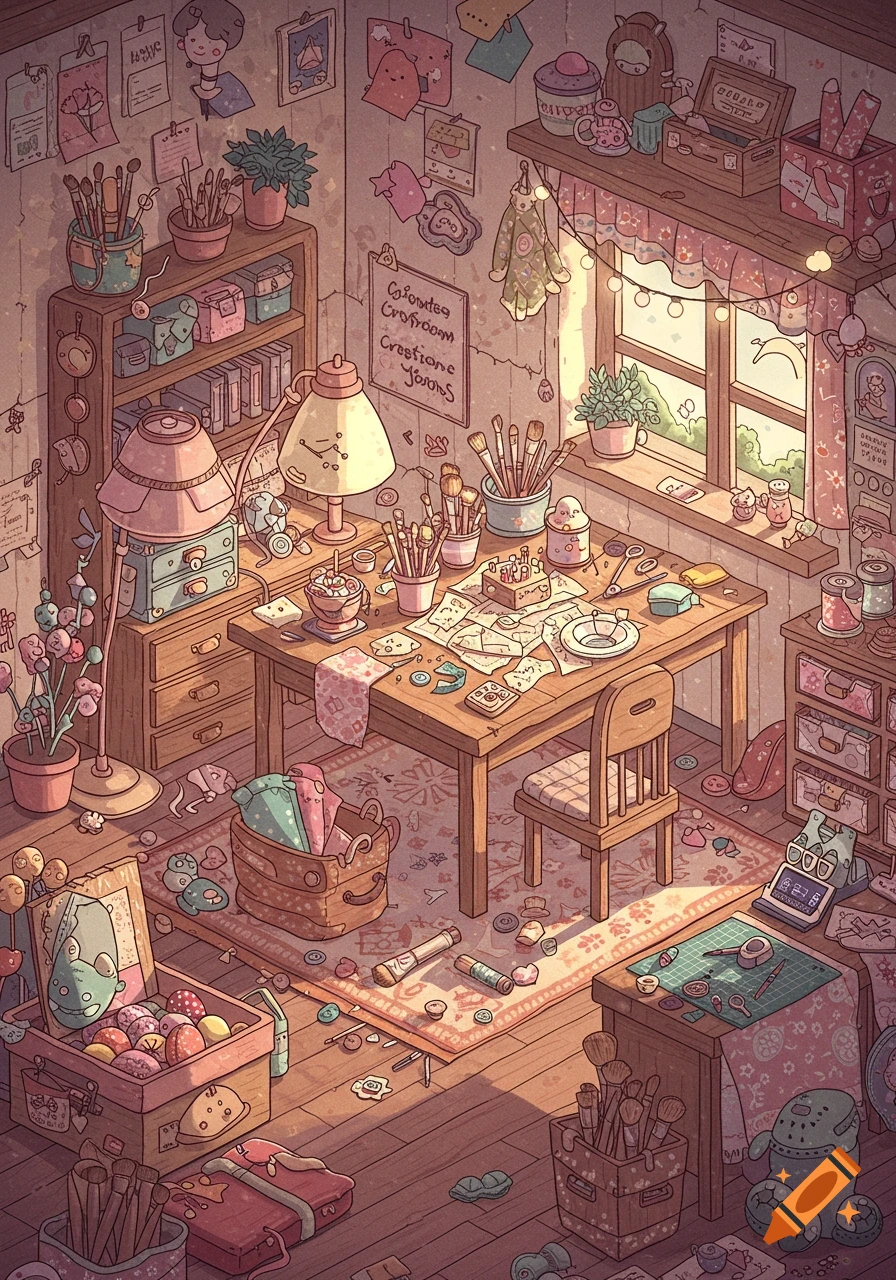 A whimsical, cozy illustration of a cluttered craft room filled with art supplies, fabric, and tools, bathed in soft sunlight.