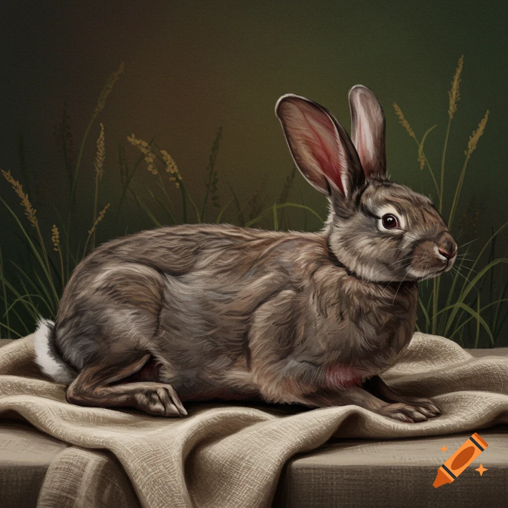 A whole, raw rabbit lies centered on a draped light brown cloth, against a dark green background with tall grasses.