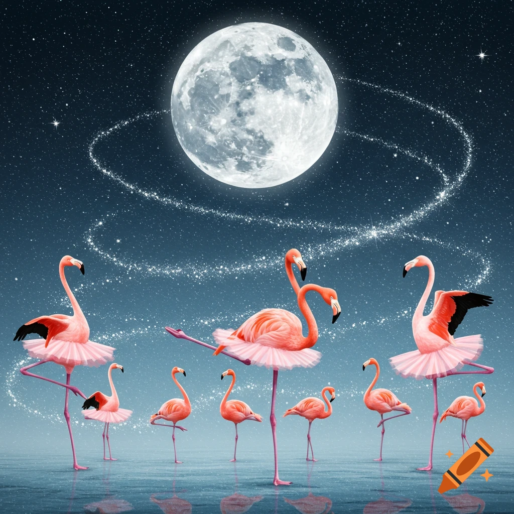 Several pink flamingos in tutus dance on water under a bright full moon and a starry night sky with sparkling trails.