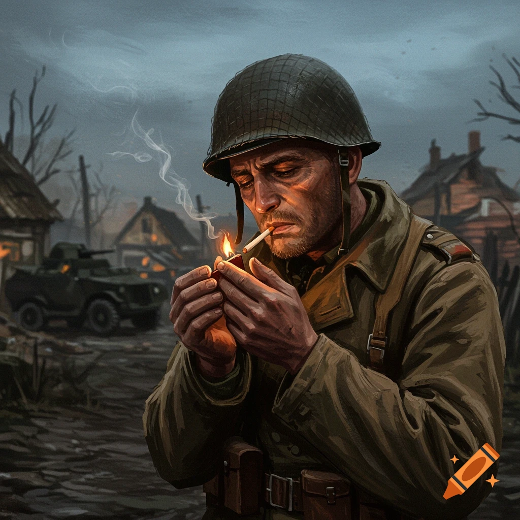A somber WWII soldier in a helmet and uniform lights a cigarette in a war-torn village with a military vehicle. Digital painting.