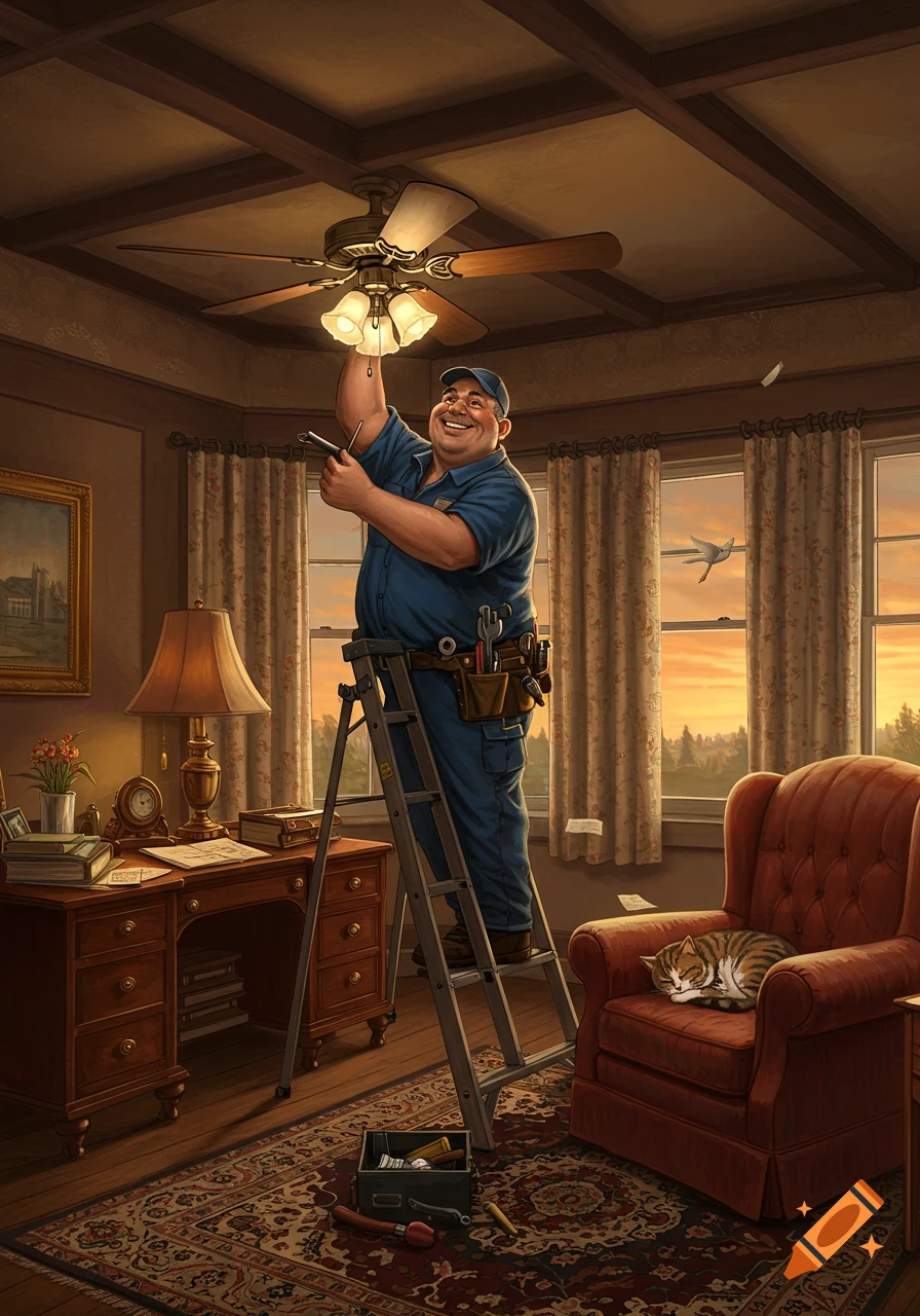 A smiling repairman on a ladder installs a ceiling fan in a cozy room with a cat sleeping on an armchair. Digital illustration.
