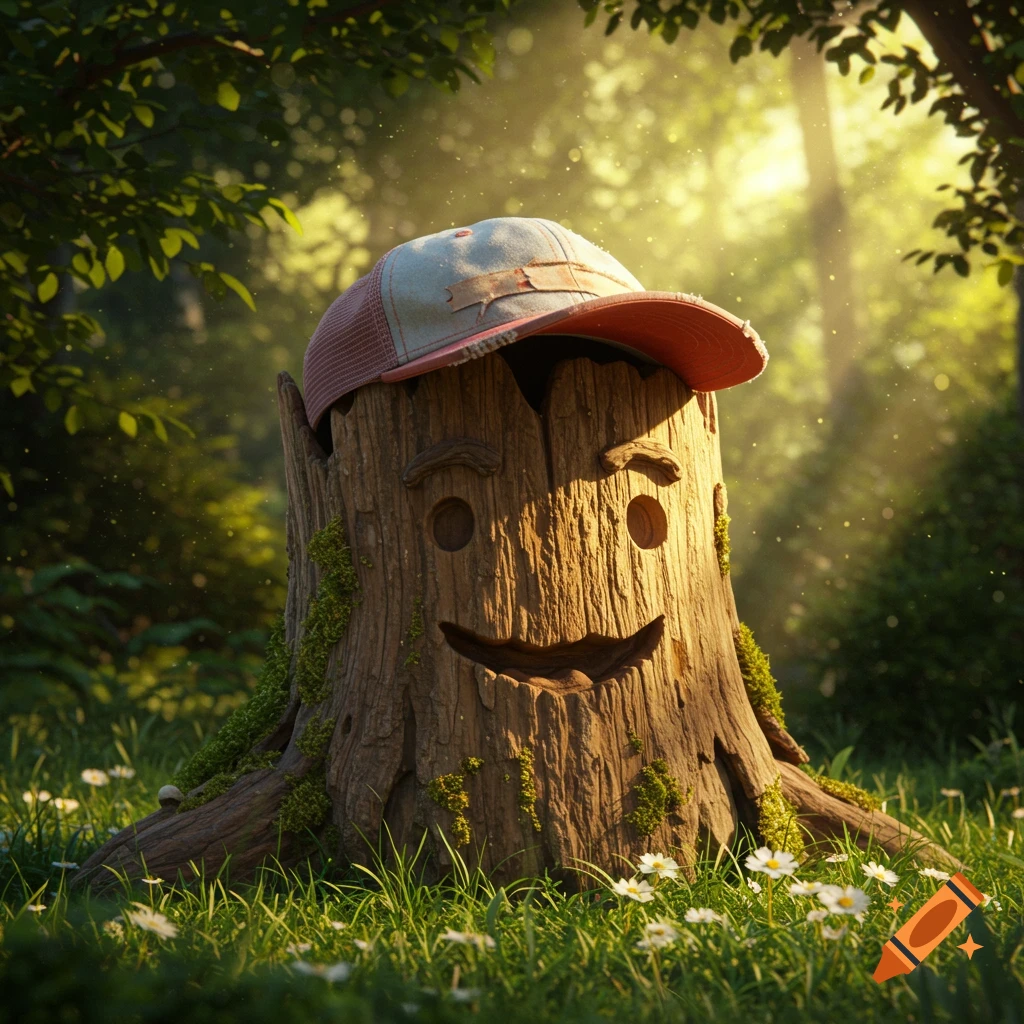 A photorealistic tree stump with a carved smiling face wears a baseball cap in a sunlit forest with green grass and small white flowers.