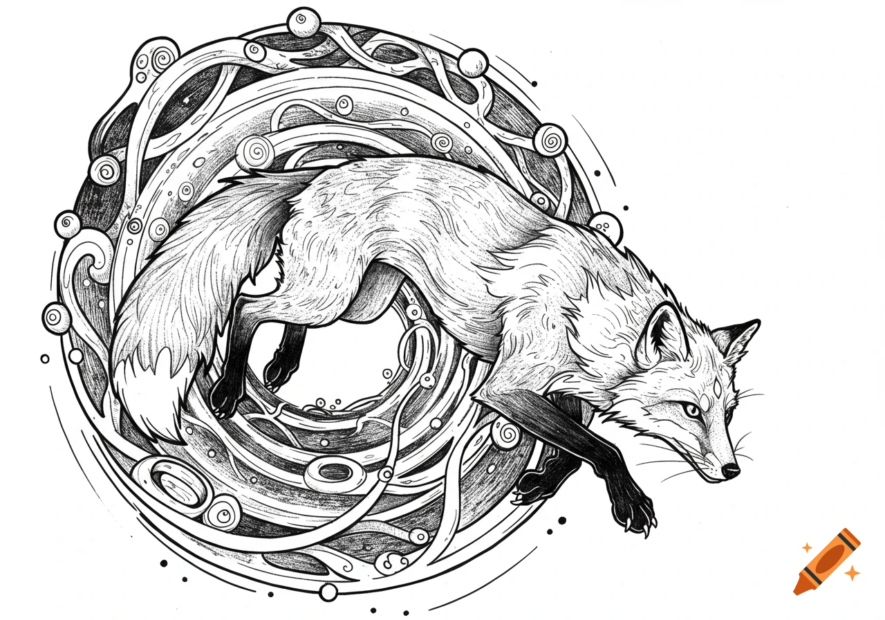 A black ink tattoo style illustration of a leaping fox emerging from or entering an abstract swirling portal.