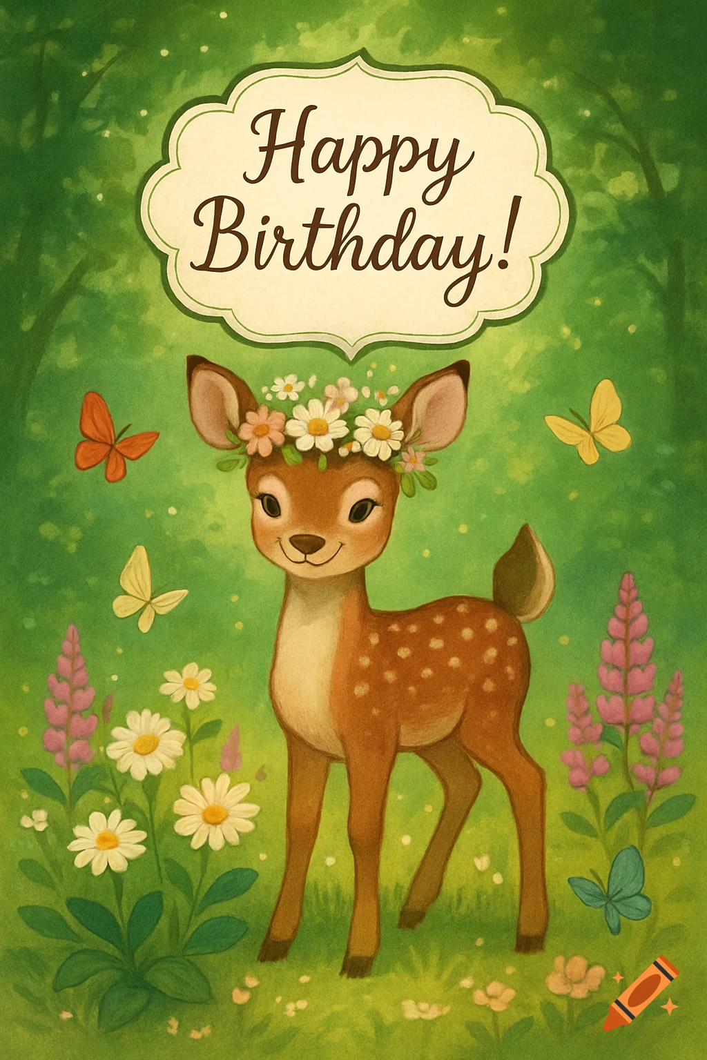 A whimsical illustration of a cute deer wearing a flower crown in a forest with butterflies and wildflowers, with 'Happy Birthday!' text above.