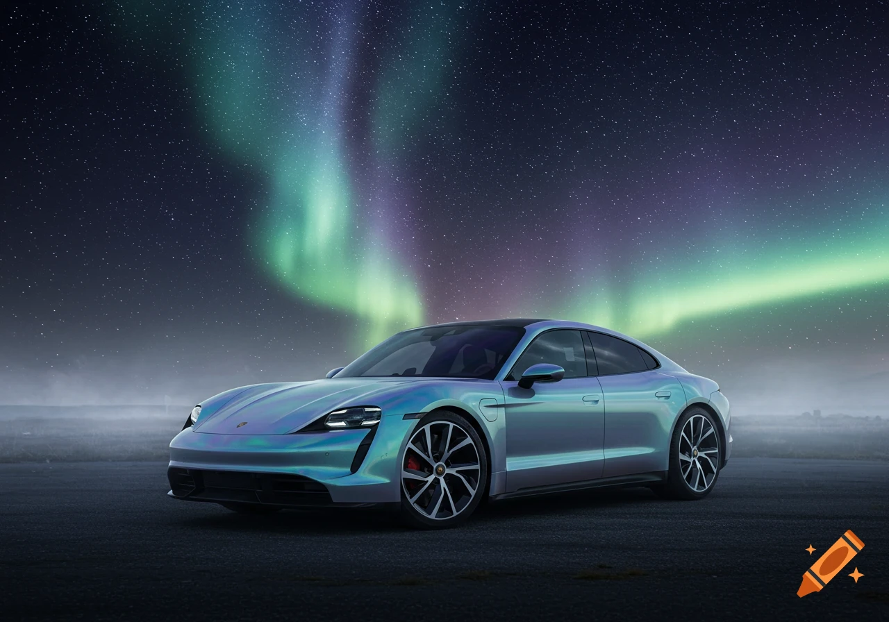A photorealistic image of an iridescent Porsche Taycan car parked under a vibrant green and purple aurora borealis and a starry night sky.