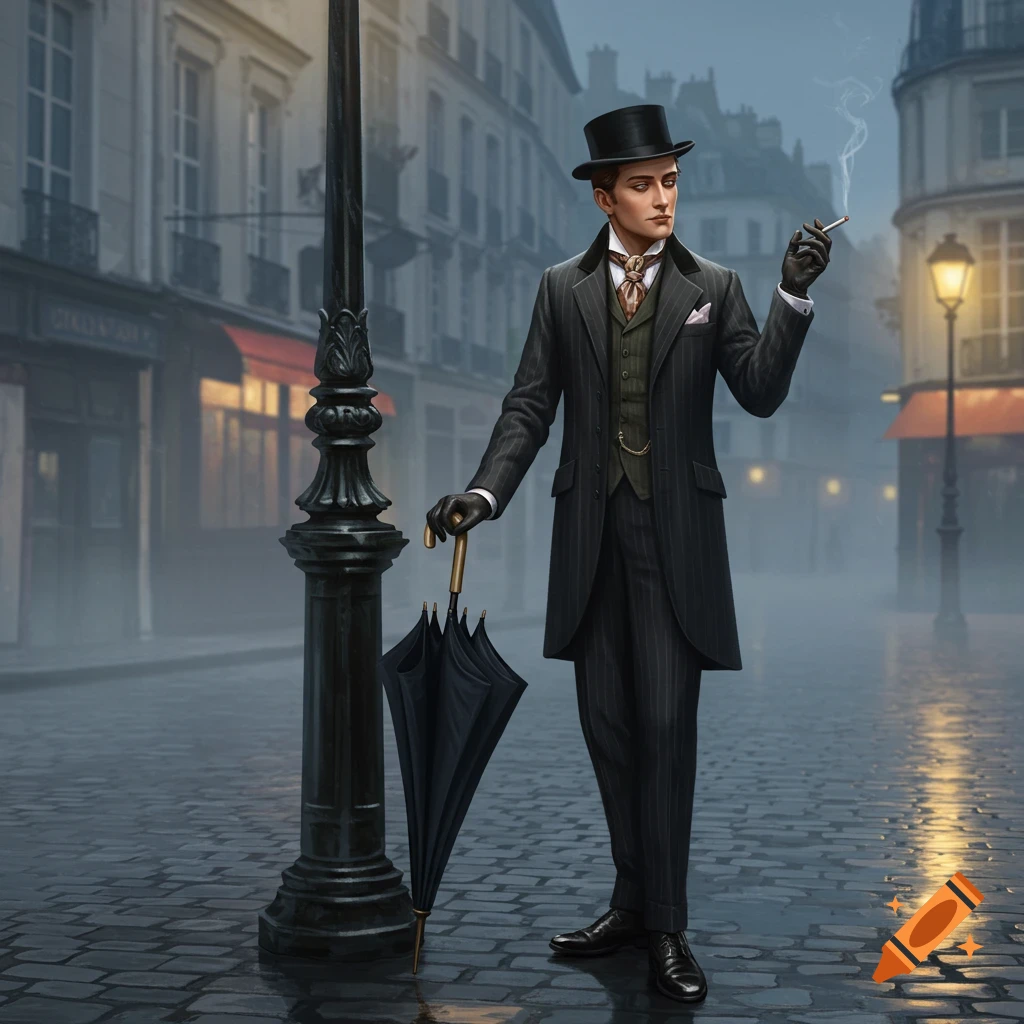 Man in pinstriped suit and top hat holding an umbrella and smoking a cigarette on a cobblestone street.