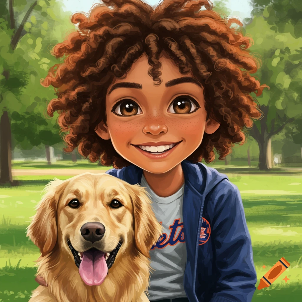 Cartoon portrait of a smiling boy with curly hair and freckles, hugging a golden retriever in a park.