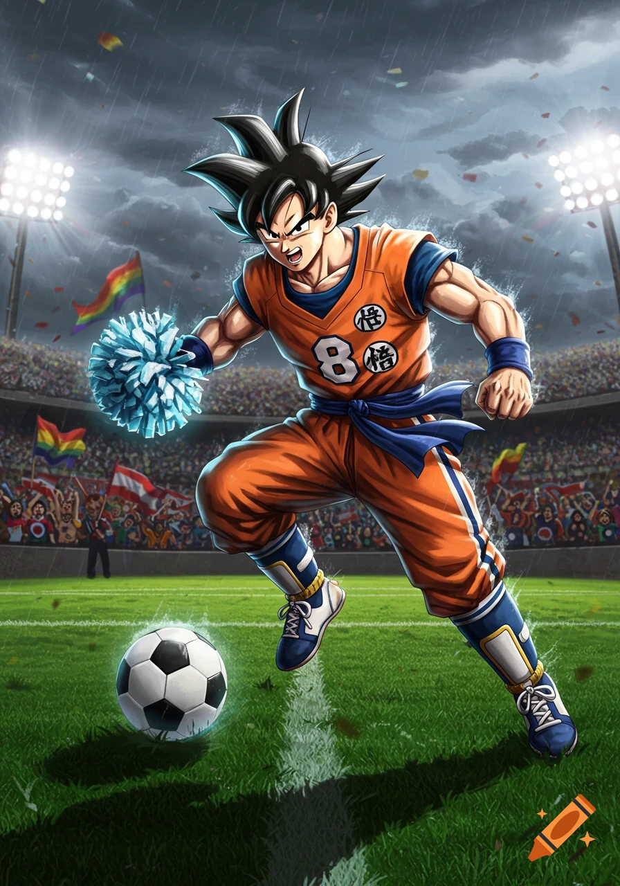 Goku in an orange uniform dribbling a soccer ball on a green field in a stadium, surrounded by a crowd, in an anime art style.