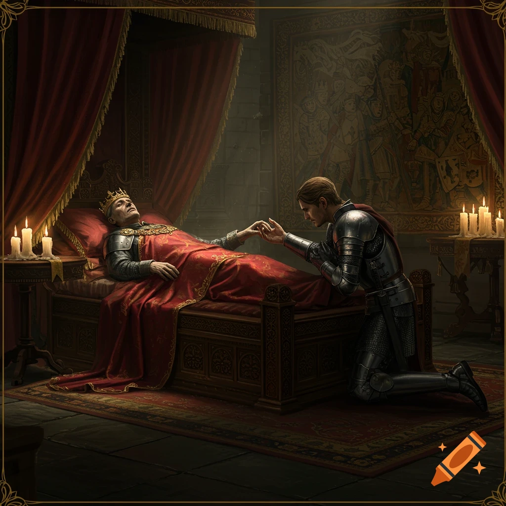 A knight kneels by the deathbed of a king in a dimly lit, richly decorated medieval chamber.