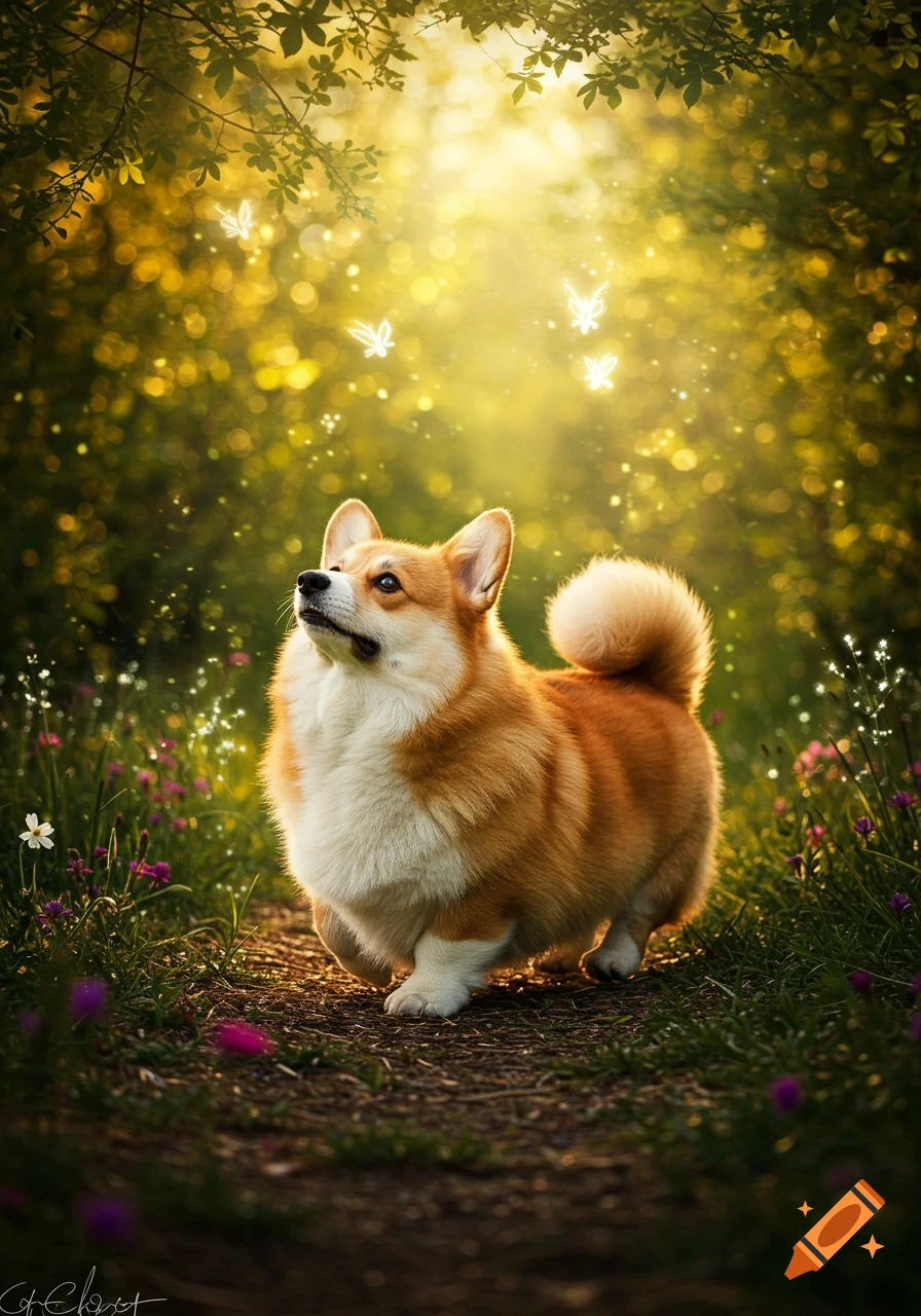 A fluffy corgi dog stands on a dirt path in a sunlit forest, looking up at glowing butterflies.