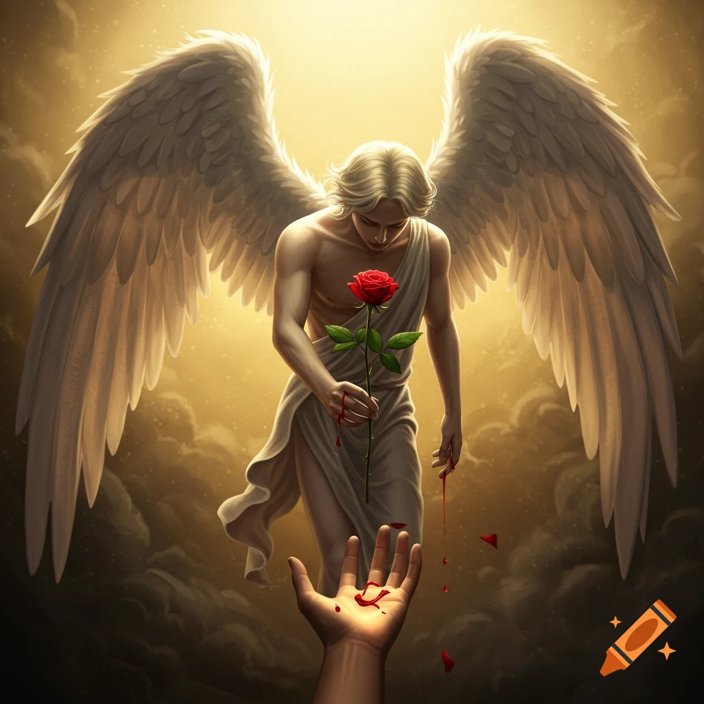 An ethereal angel with large wings bows, holding a red thorny rose with blood dripping onto an outstretched hand, bathed in golden light.