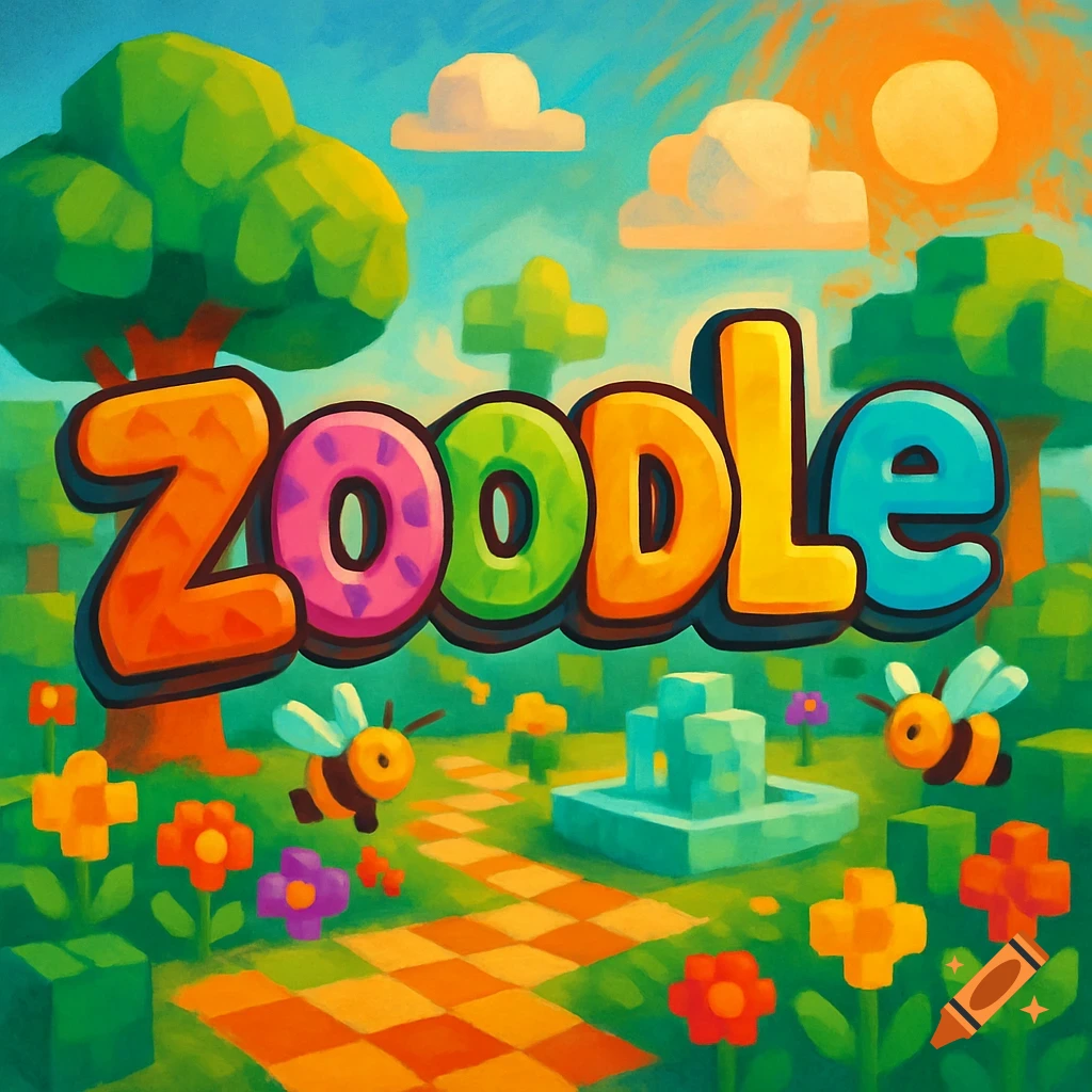Colorful cartoon word ZOODLE in a blocky garden scene with bees and flowers under a sunny sky.