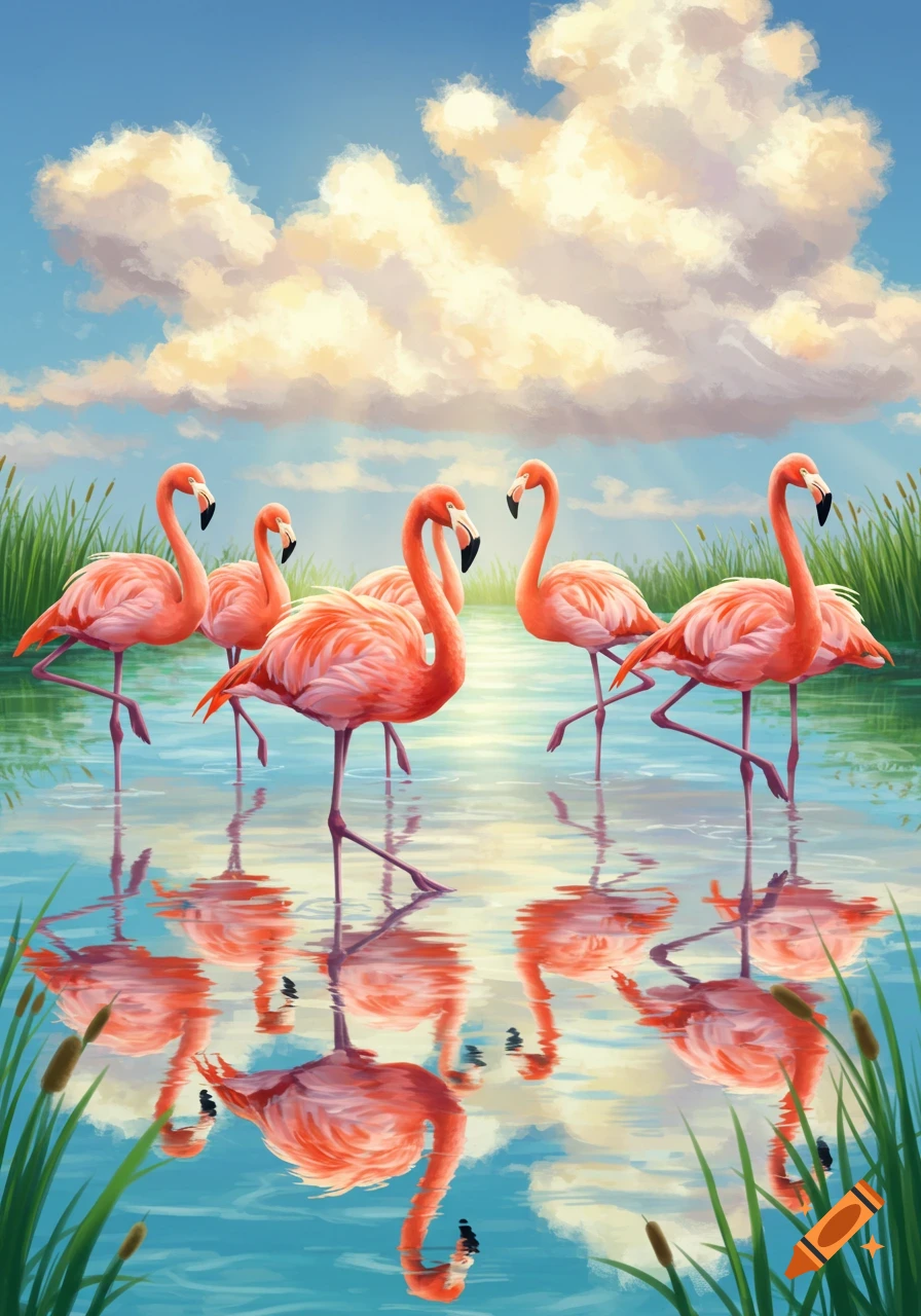A painterly illustration of a flock of pink flamingos standing in shallow blue water with reflections under a cloudy sky.