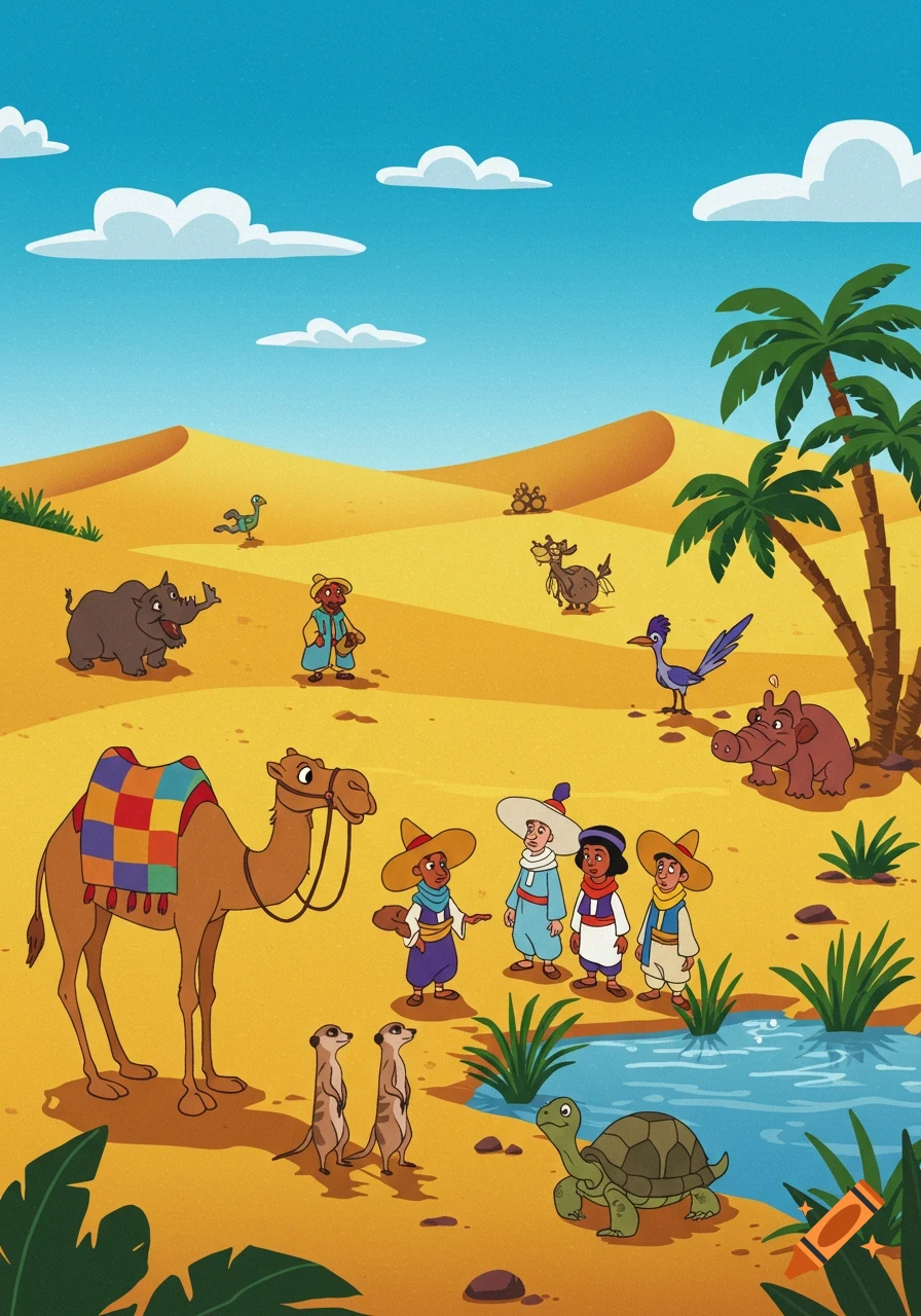A colorful cartoon illustration of a desert scene with a camel, meerkats, a turtle, a rhino, a bird, and other fantasy creatures, along with several people, an oasis, and palm trees under a blue sky.