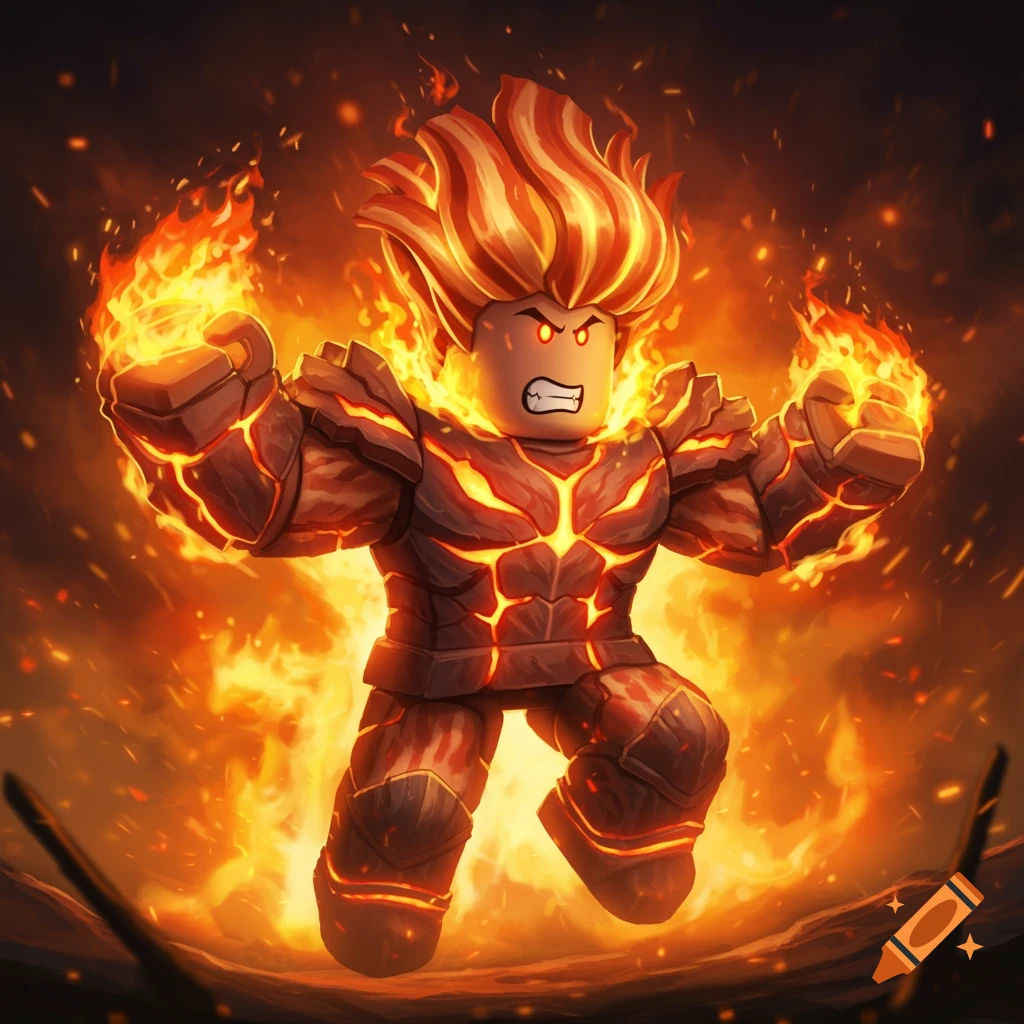 A Roblox-style character engulfed in flames, with a body made of lava and fire for hair, on a dark, fiery background.
