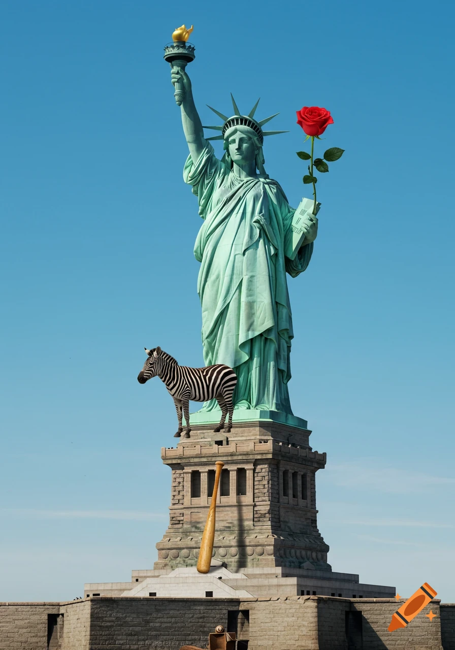 Photorealistic image of the Statue of Liberty holding a red rose, with a zebra standing on its pedestal and a baseball bat leaning against the base.