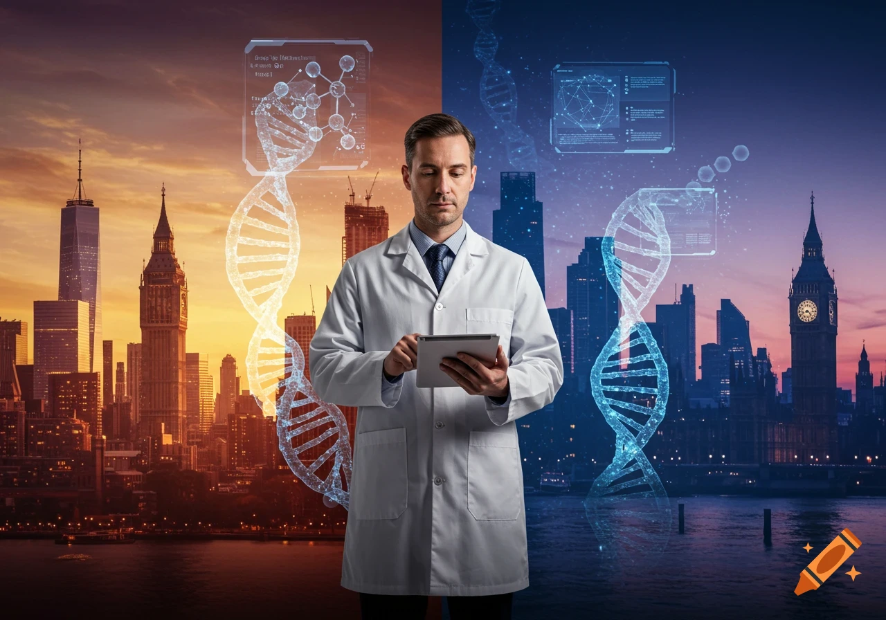 Photorealistic image of a male scientist in a lab coat using a tablet, with DNA strands and data displays overlaying split cityscapes of New York and London.