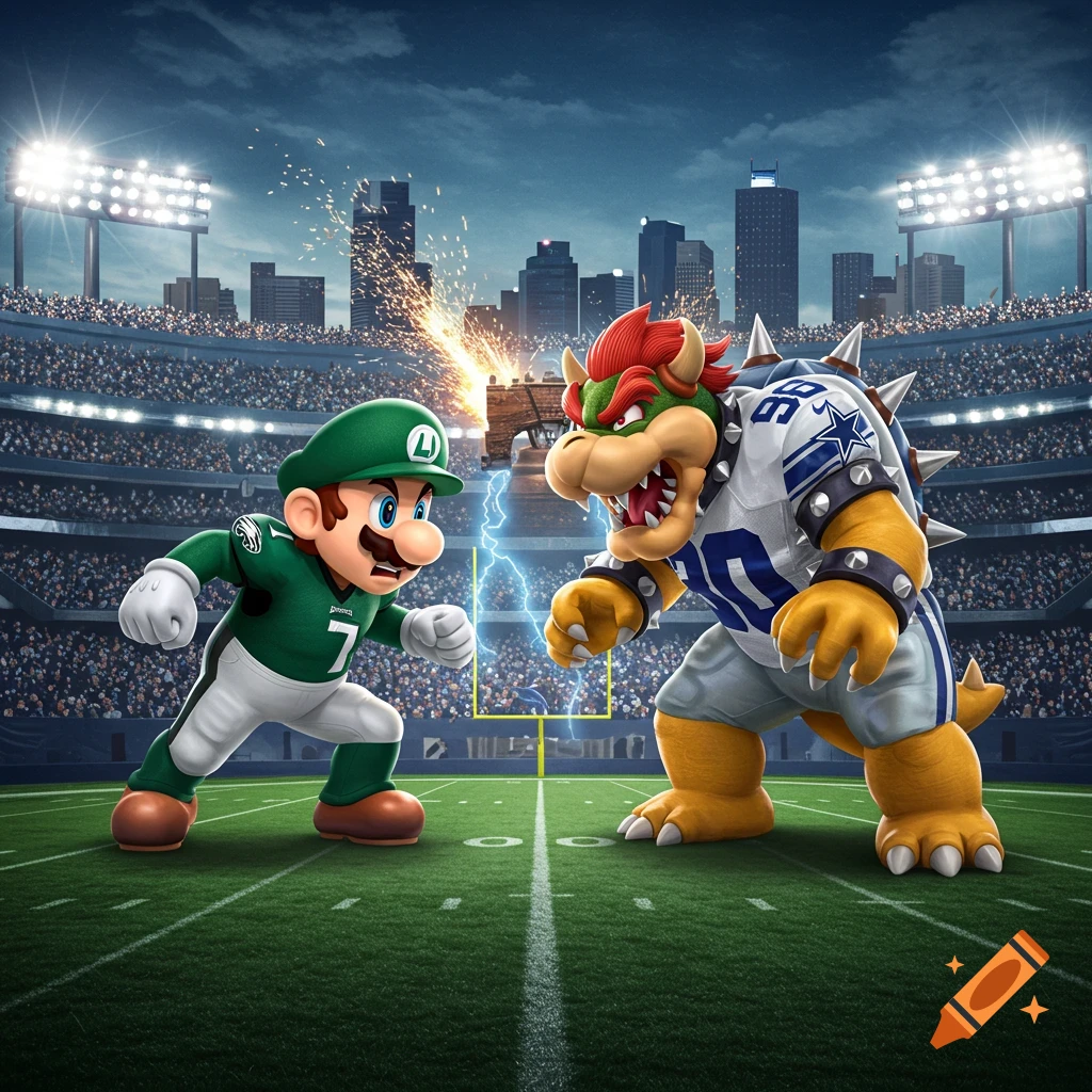 Luigi in an Eagles-like football jersey faces Bowser in a Dallas Cowboys jersey on a football field in a stadium.