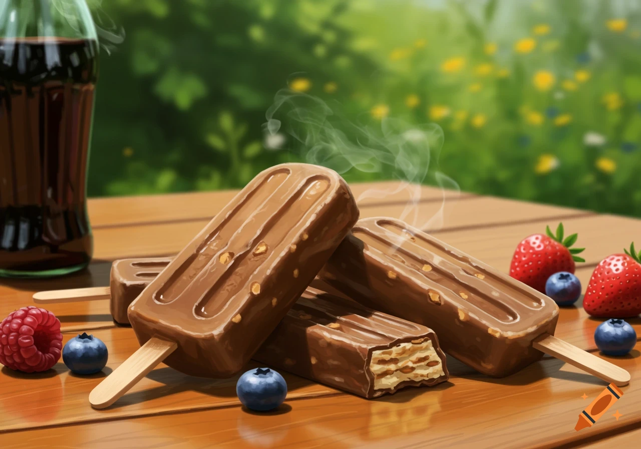 Chocolate ice cream bars with berries and a soda bottle on a wooden table outdoors.
