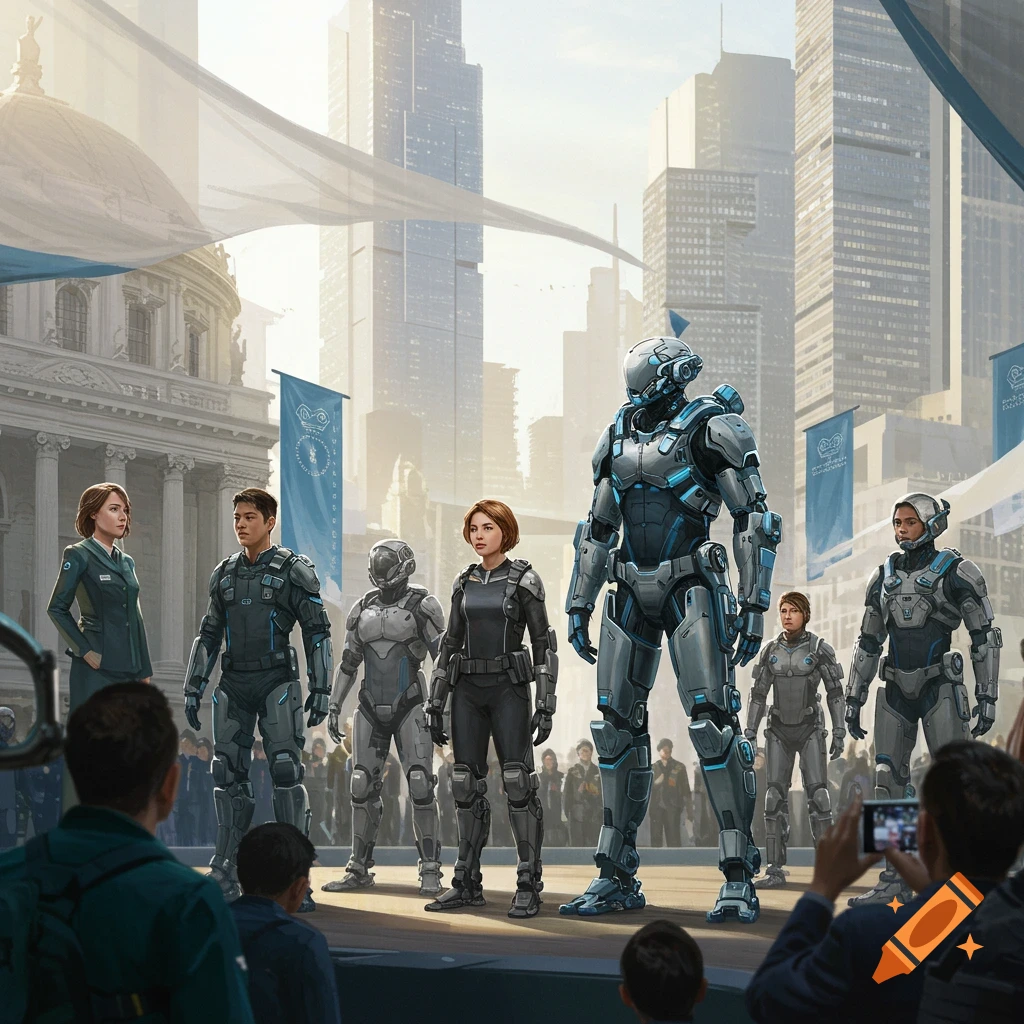 A group of people and large futuristic robots or exoskeletons stand on a stage in a city, facing a crowd.