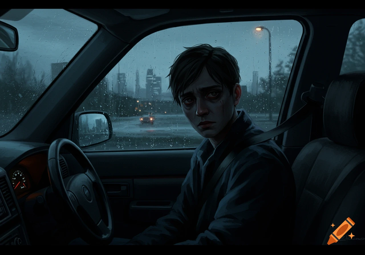 A distressed person with red eyes sits in a dark car, looking forward as rain streaks the windows with a blurred city in the background.