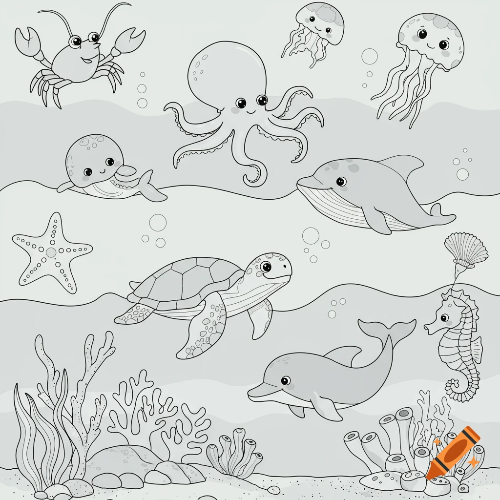 Black and white line art illustration of an underwater scene with various smiling sea creatures including a crab, octopus, jellyfish, sea turtle, starfish, dolphins, and a seahorse.