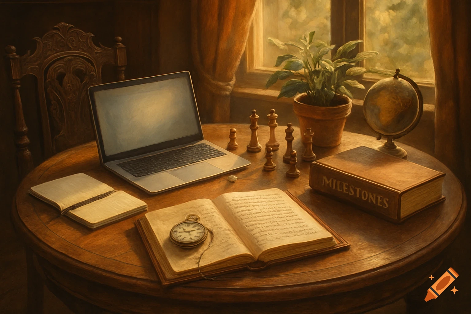 A richly detailed painting of a wooden table with a laptop, open books, chess pieces, a globe, and a plant by a sunny window.