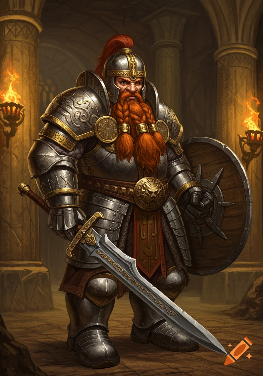 A formidable dwarf warrior in ornate silver and gold armor, with a long red braided beard, holding a large sword and shield.