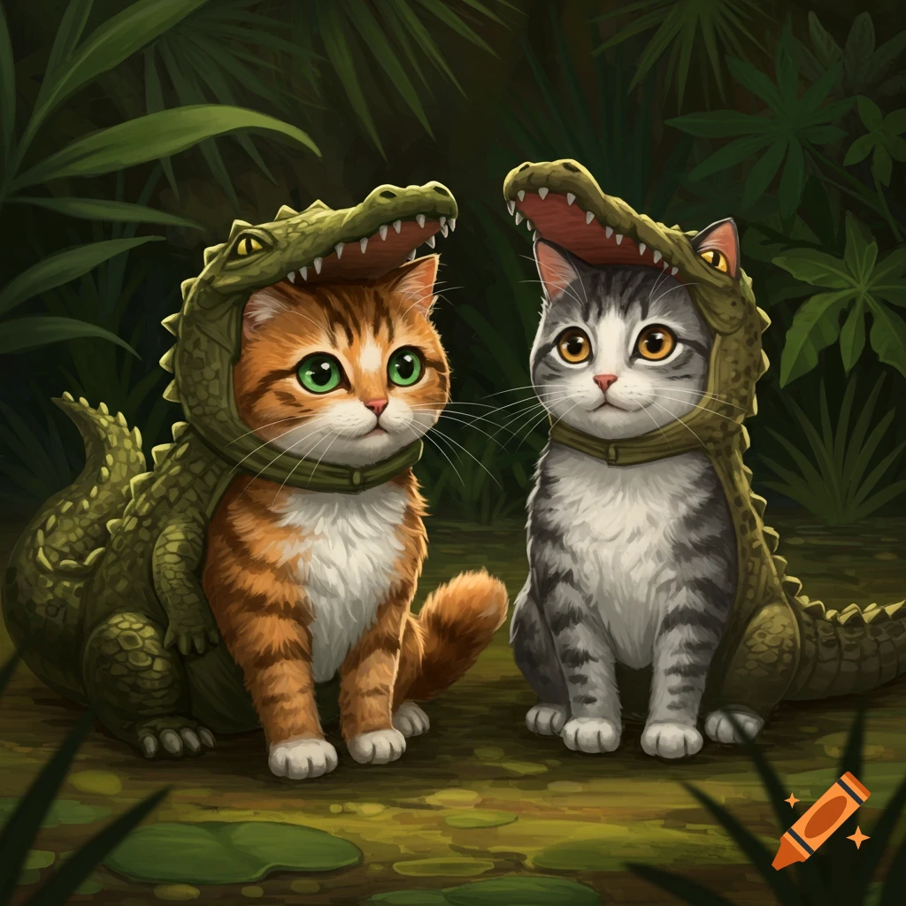 Two cute cats, one orange tabby and one grey tabby, wearing alligator costumes in a jungle setting.