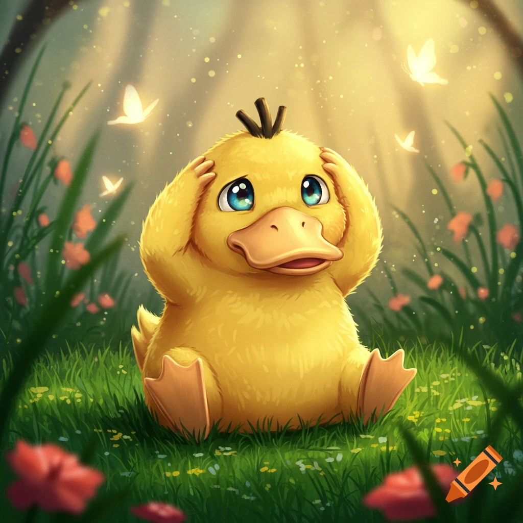 A cute, fluffy yellow Psyduck sitting in a green grassy field, holding its head, surrounded by glowing butterflies and light rays.