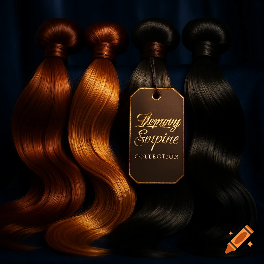 Four photorealistic bundles of hair extensions, two auburn and two black, with a tag.