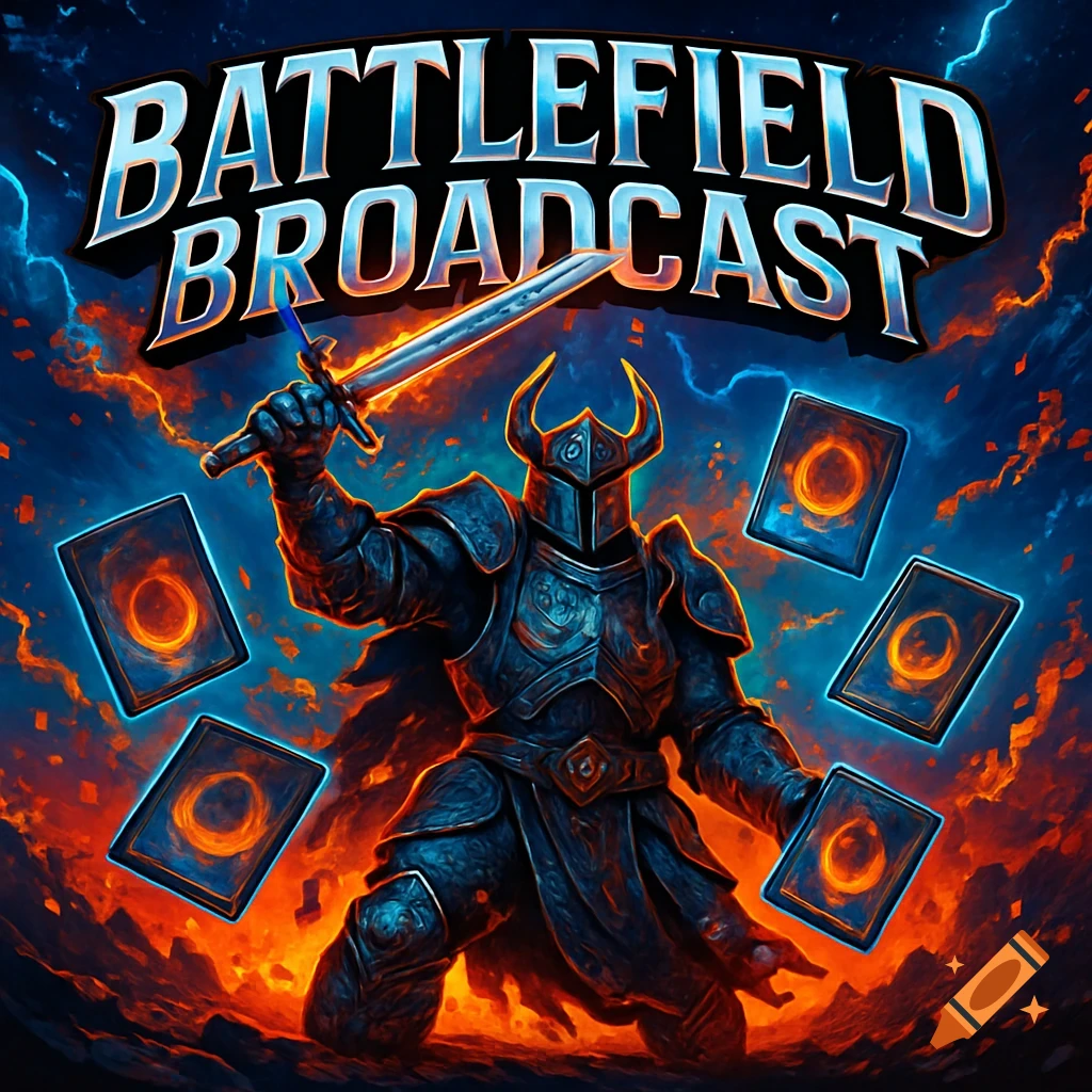 A dark armored knight with a sword amidst glowing magic cards, set against a fiery and stormy background, with 'BATTLEFIELD BROADCAST' text.