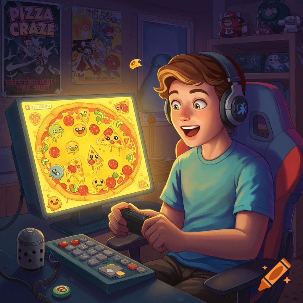 A smiling boy with headphones plays a pizza-themed video game on a glowing monitor in a dark room, holding a controller.