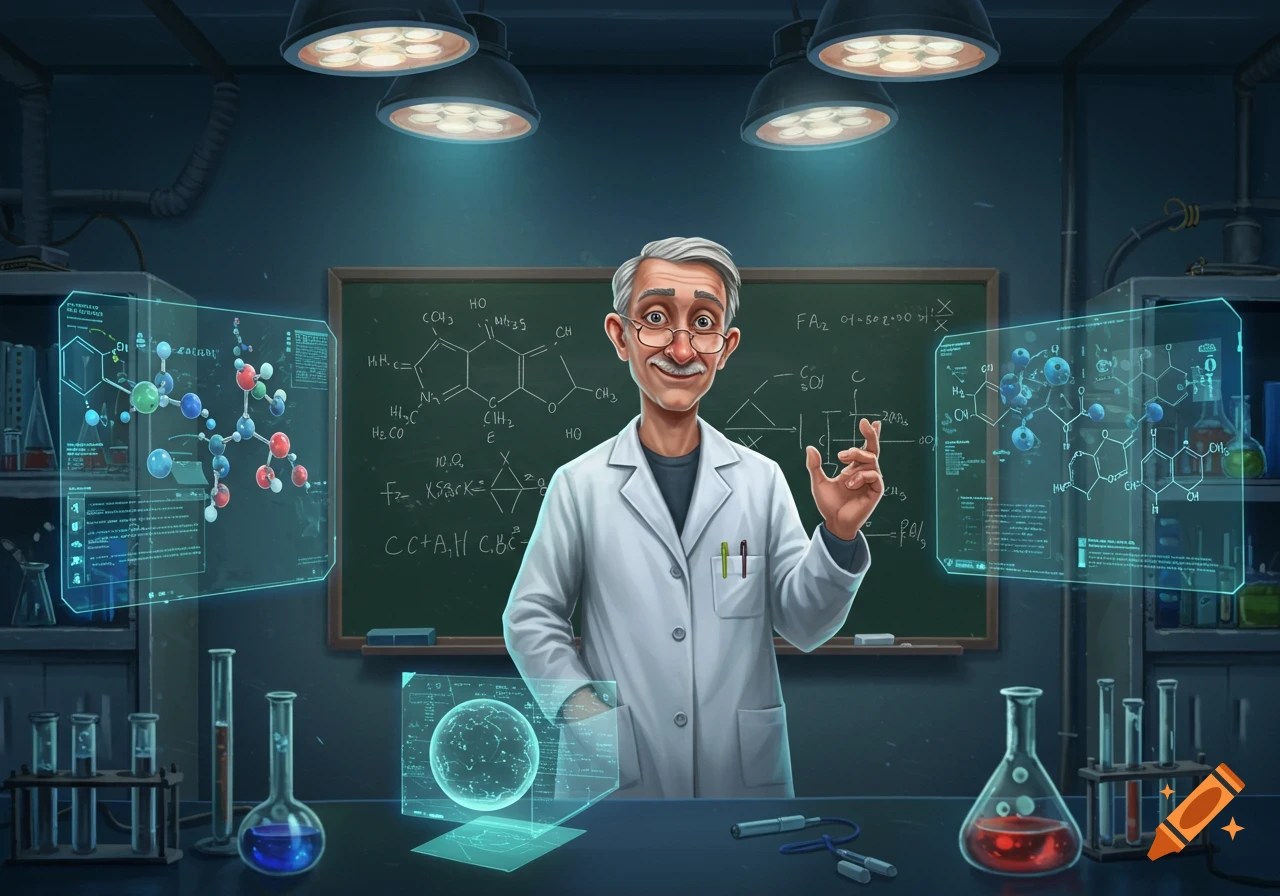 An illustration of a friendly male chemistry instructor in a lab coat smiling in a laboratory setting with beakers, test tubes, holographic displays, and a blackboard with chemical formulas.