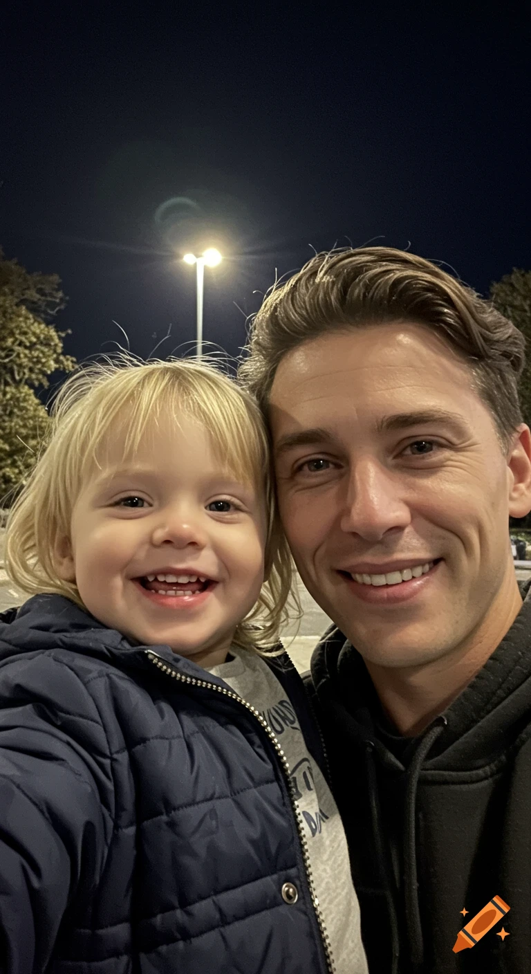 A smiling man and a blonde toddler take a selfie at night under a streetlight.