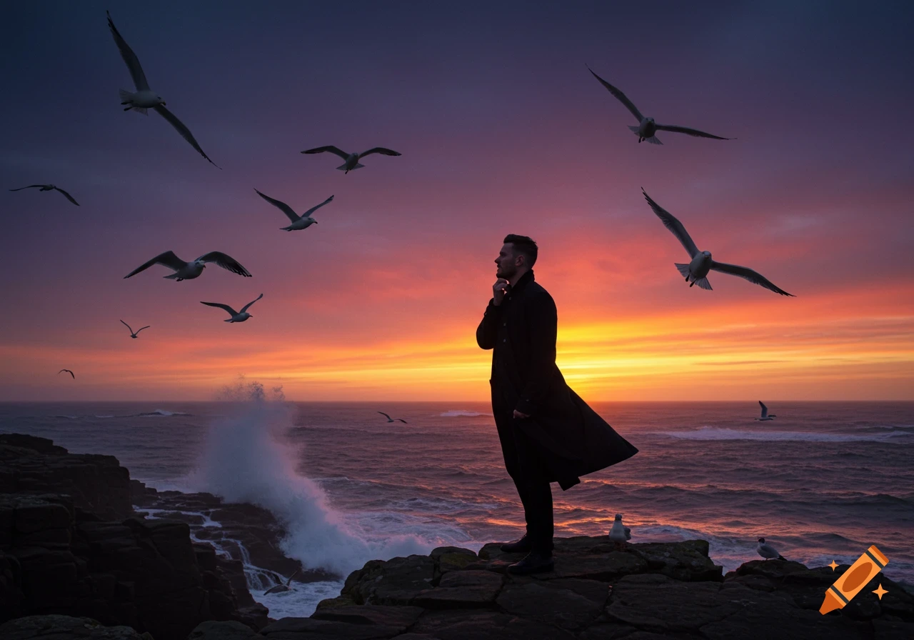 A man in a trench coat stands on rocky cliffs at sunset, looking out at the turbulent ocean with seagulls flying above.
